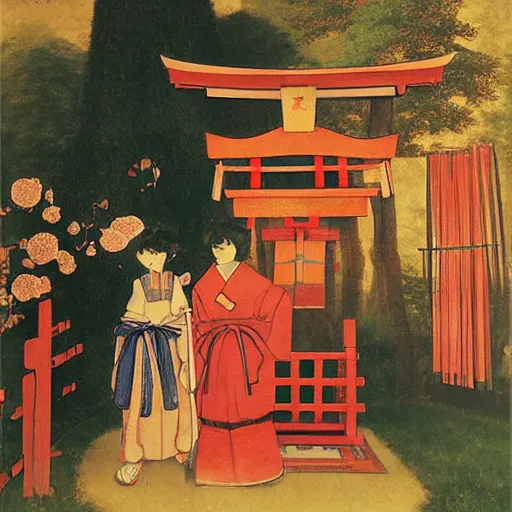Prompt: small shinto shrine on the border of fantasy and reality, touhou gensokyo art by oskar schlemmer rembrandt romantic oil on canvas shimmer