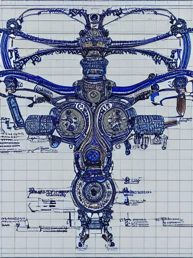 Image similar to schematic blueprint of highly detailed ornate filigreed convoluted ornamented elaborate cybernetic medical equipment, art by da vinci