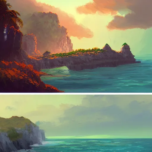 Prompt: digital 2 d, traditional paint, mixed media, concept art, illustration, environmental concept art & design, ruins, coast, ocean, sea, beach, remains, greek, pillars, vagrants, forest of liars, twilight, clouds, sky, coastline, sylvain sarrailh, concept art for forest of liars