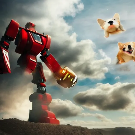 Image similar to a corgi fighting a giant robot on a cloudy day while god watches from above