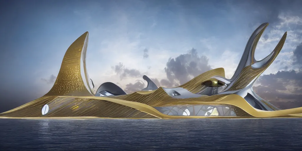 Image similar to mosque floating spaceship by zaha hadid, golds fantasy world