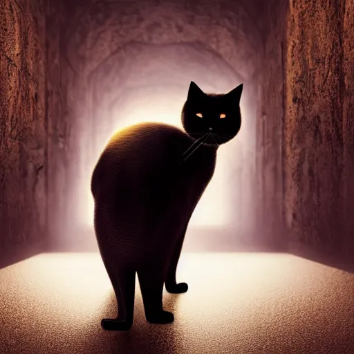 Image similar to a full-body shot of a black void cat with golden glowing eyes at the end of a scary hallway, fairytale, nightmare, hauntingly beautiful, elegant, super detailed, Octane render, reflections