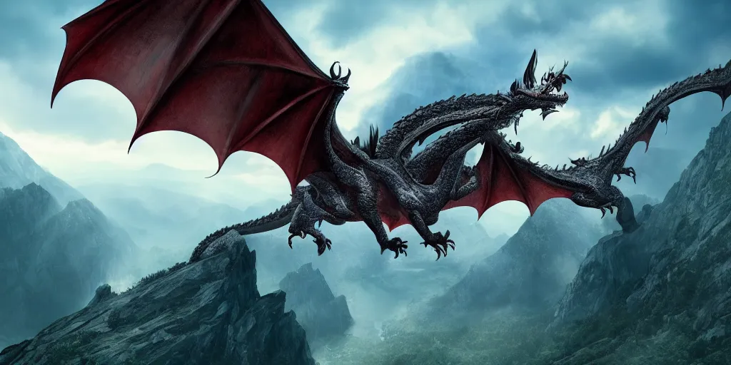 Prompt: A dragon with half open wings on the top of a mountain, epic composition, detailed and intricate image, cinematic, 4K