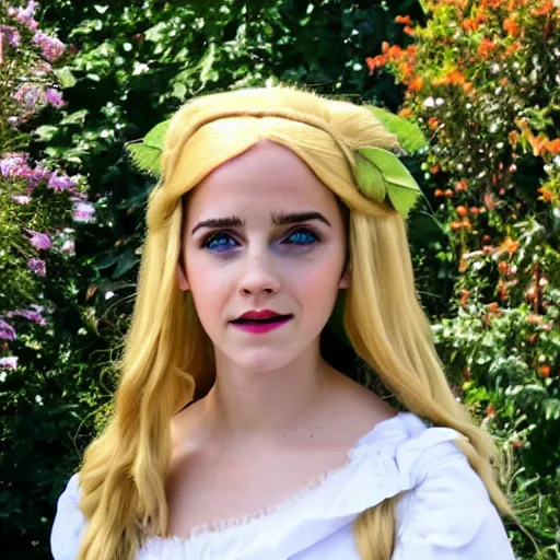 Prompt: beautiful gorgeous young elf princess cosplayed by Emma Watson blonde hair blue eyes in white dress in the garden high quality