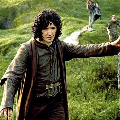 Image similar to keanu reeves as frodo baggins, still image from lord of the rings