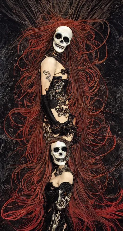 Image similar to a finely detailed beautiful!!! feminine cyberpunk ghost rider with skull face and long flowing hair made of fire and flames, dressed in black leather, by Alphonse Mucha, designed by H.R. Giger, legendary masterpiece, stunning!, saturated colors, black background, full body portrait, zoomed out to show entire image, trending on ArtStation