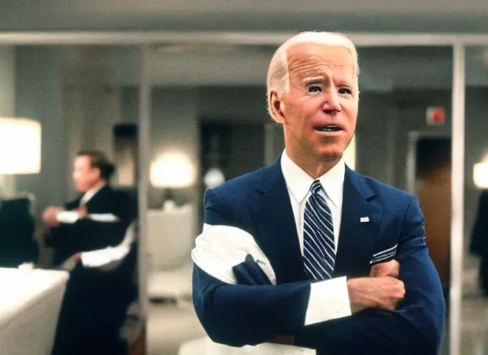 Image similar to cinematic still of Joe Biden playing Patrick Bateman in American Psycho,