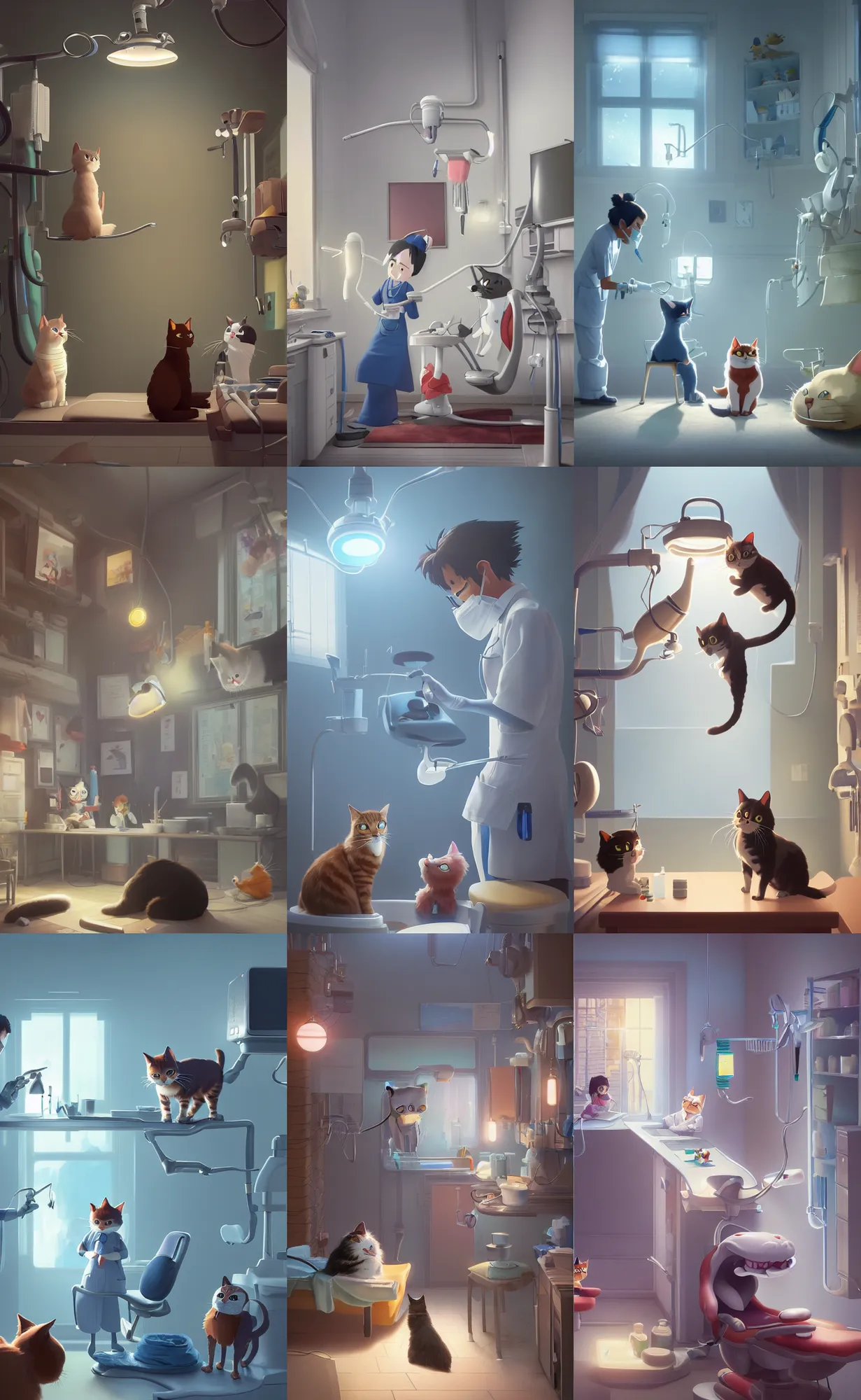 Prompt: a wholesome illustration of a dentist appointment for cats, studio Ghibli, Pixar and Disney animation, sharp, Rendered in Redshift and Unreal Engine 5 by Greg Rutkowski, Bloom, dramatic lighting