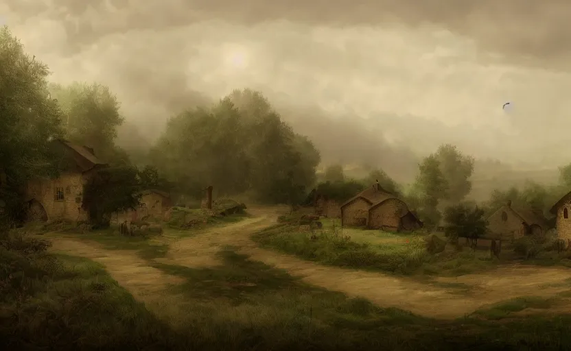 Prompt: matte painting of a countryside landscape of a 1 8 th century village. gloomy, fog, elaborate, detailed digital art trending in artstation