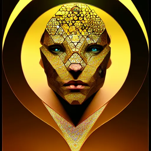 Image similar to halfturn crystal face, geometrical, fully made of golden crystals, half - turn, bottom view, ominous, intricate, architectural, geometrical, art by anthony macbain + greg rutkowski + alphonse mucha, concept art, 4 k, sharp focus