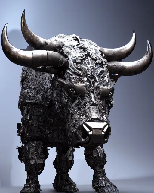 Image similar to a full body shot of a cyborg ( bull ) modeled after a bull looking into the camera, android, cyborg, full body shot, intricate, 3 d, hyper realism, fantasy, depth of field, octane render, symmetrical, highly detailed, digital art, artstation, concept art, cinematic lighting, trending