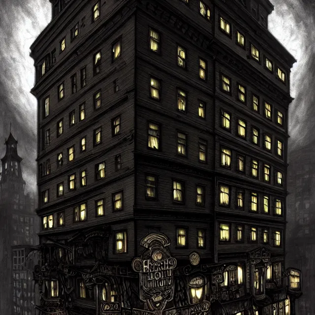 Prompt: haunted gothic hotel, 1920s boston overlooking a dark street, lovecraft, paul carrick, photorealistic, dark, atmospheric lighting, intricate, ultra detailed by Paul Carrick, Lee Gibbons, well composed, best on artstation, cgsociety, epic, stunning, gorgeous, intricate detail, wow, masterpiece