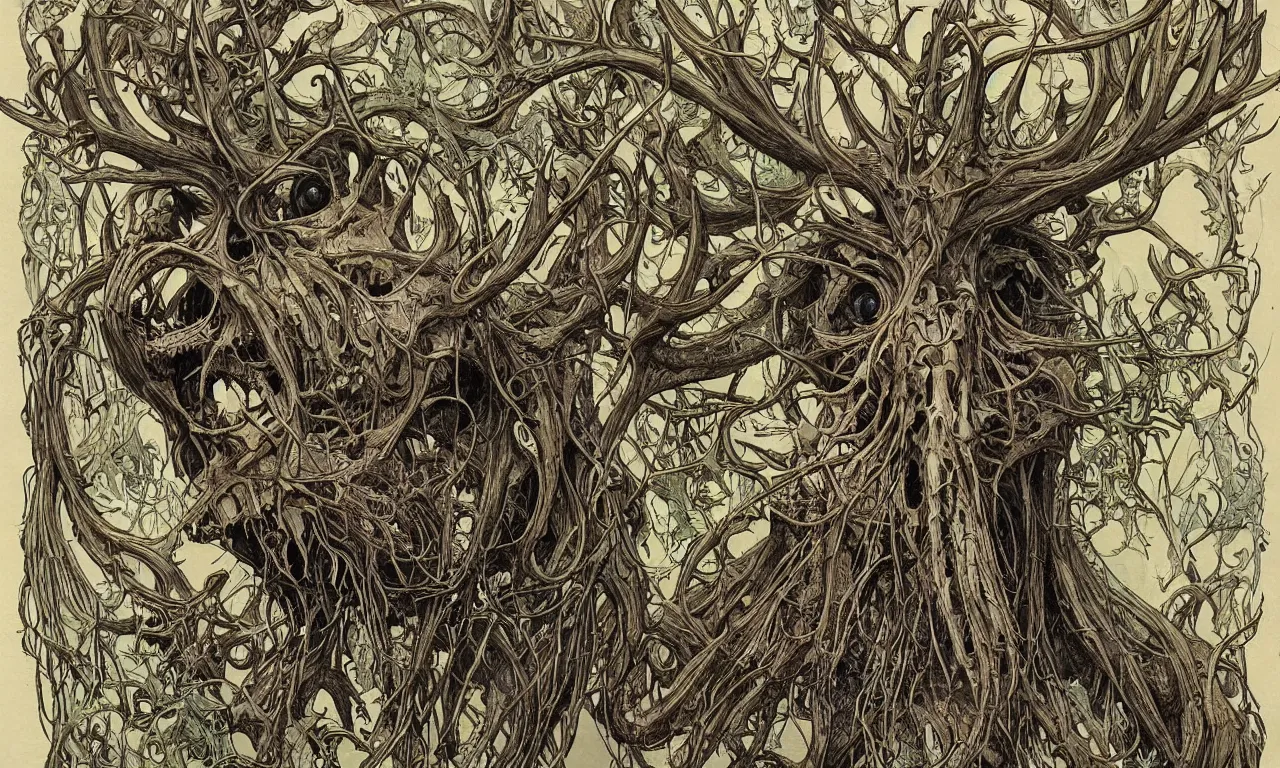 Image similar to hyperdetailed art nouveau portrait of treebeard as a cthulhu eyeball moose skull wendigo cryptid monster, by geof darrow, simon bisley and bill sienkiewicz, grim yet sparkling atmosphere, photorealism, claws, skeleton, antlers, fangs, forest, wild, crazy, horror, lynn varley, lovern kindzierski, steve oliff