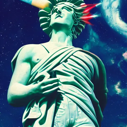 Image similar to the statue of helios in a business suit smoking a cigarette in space, vaporwave, chromatic abberation, highly detailed