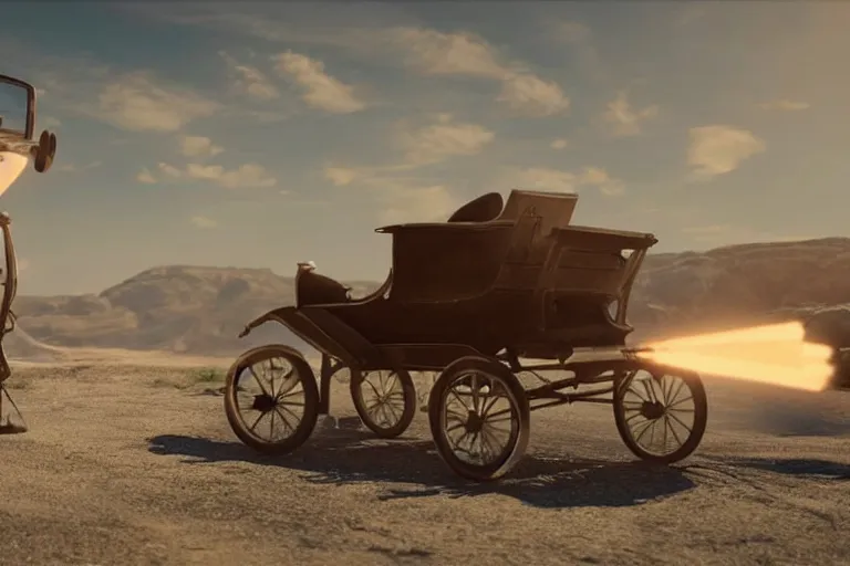 Image similar to still photo of the invention of the first car, highly detailed, photorealistic shot, bright studio setting, studio lighting, crisp quality and light reflections, unreal engine 5 quality render