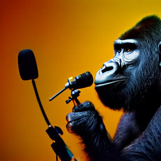 Image similar to photo of gorilla on stage with microphone, comedy club, kodak portra 4 0 0 color negative film