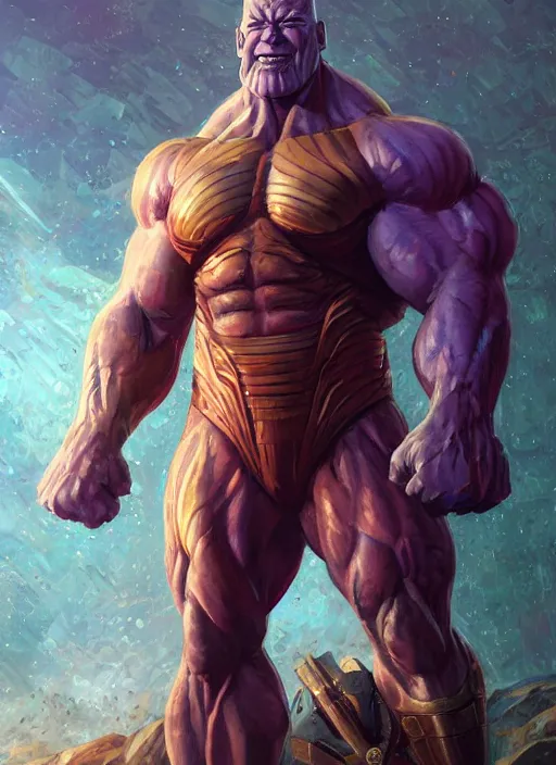 Image similar to jeff bezos is a muscular bodybuilder as thanos, au naturel, hyper detailed, digital art, trending in artstation, cinematic lighting, studio quality, smooth render, unreal engine 5 rendered, octane rendered, art style by klimt and nixeu and ian sprigger and wlop and krenz cushart.