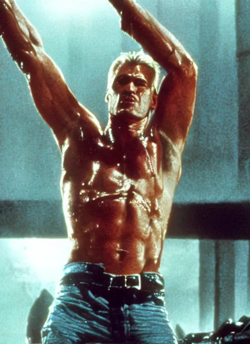 Image similar to film still of Dolph Lundgren as John McClane in Die Hard, 4k