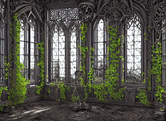 Image similar to epic gothic mansion, ornate windows, growing vines with roses, highly detailed, ink illustration by marc simonetti, 8 k render, peter mohrbacher, hyper detailed, intricate, elite, ornate, blue paper with silver ink, luxury, dramatic lighting, cgsociety, hypermaximalist, environmental key art, octane render, weta digital, ray trace 4 k