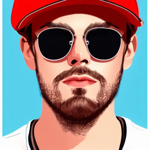 Prompt: the portrait of a young man, sunglasses, red cap, mid long hair, vector art, detailed face, high detail, high definiton, ultra realistic,