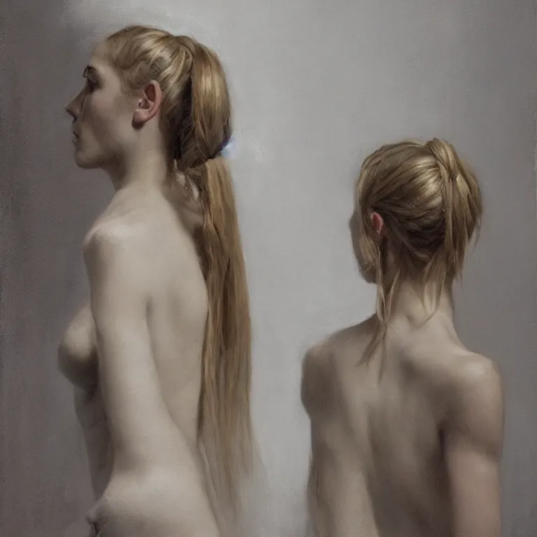 Prompt: blonde girl, pigtail braids, back view, shoulder tattoo, dramatic light, jeremy lipking, joseph todorovitch