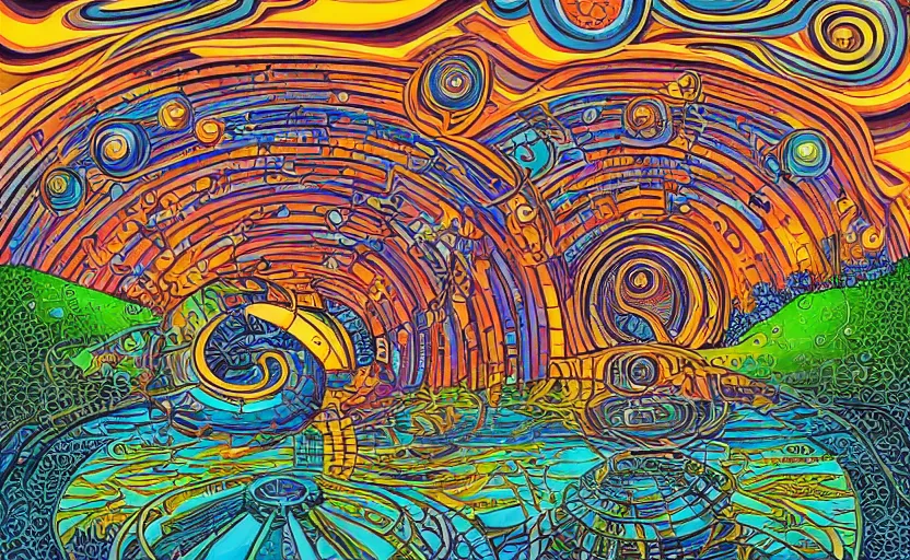 Prompt: a spiraling portal with a spiritual and mystical sound, by howard arkley and dan mumford, artstation