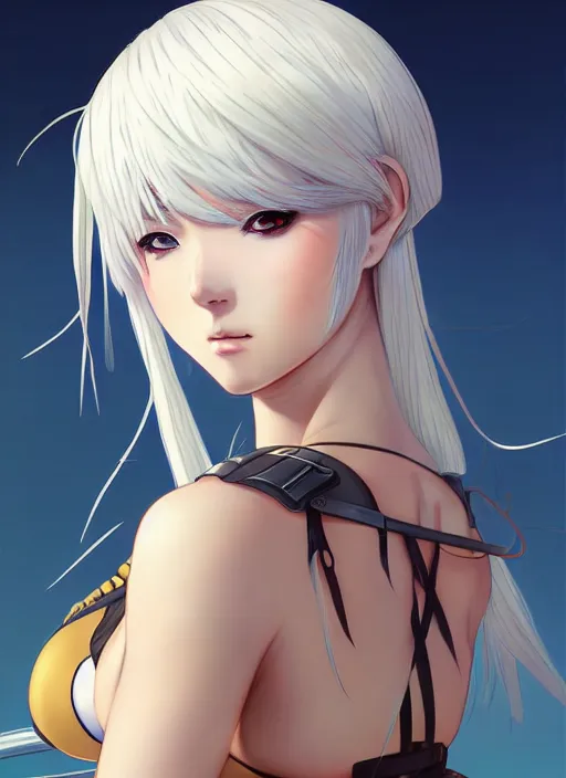 Prompt: Anime girl in bikini armor, cute-fine-face, white-hair pretty face, realistic shaded Perfect face, fine details. Anime. realistic shaded lighting by Ilya Kuvshinov and Gustav Klimt