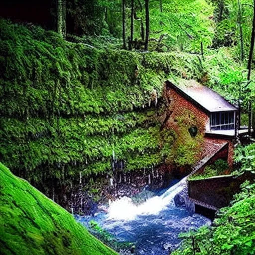 Image similar to abandoned, overgrown, underground bunker, room with waterfall and lake, beautiful, underground