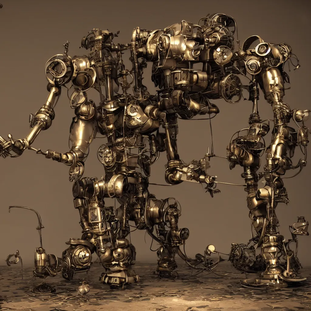 Image similar to steampunk style sweeping robot, photorealistic, 3 d rendering, cute, unreal engine, bokeh