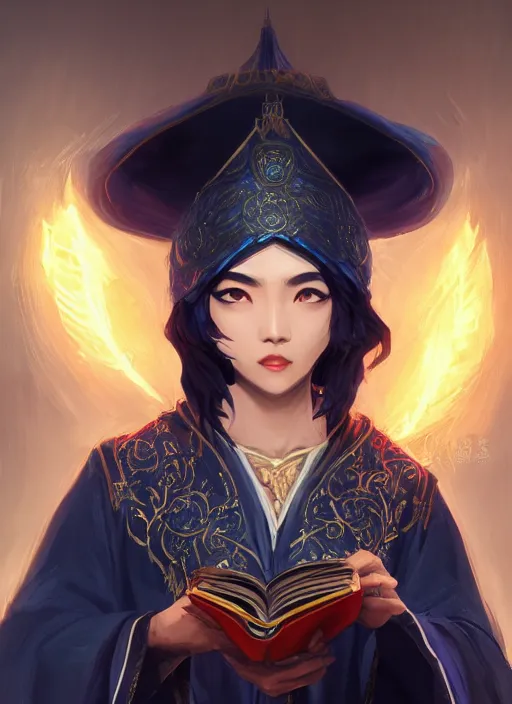 Prompt: a highly detailed illustration of short black haired young asian wizard wearing ornate navy robe and mage hat, dramatic reading spell book pose, intricate, elegant, highly detailed, centered, digital painting, artstation, concept art, smooth, sharp focus, league of legends concept art, WLOP