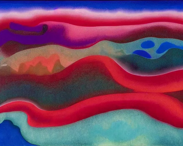 Prompt: Ocean waves in a psychedelic dream world. DMT. Curving rivers. Georgia O'Keeffe. Zao Wou-ki. Yves Tanguy.