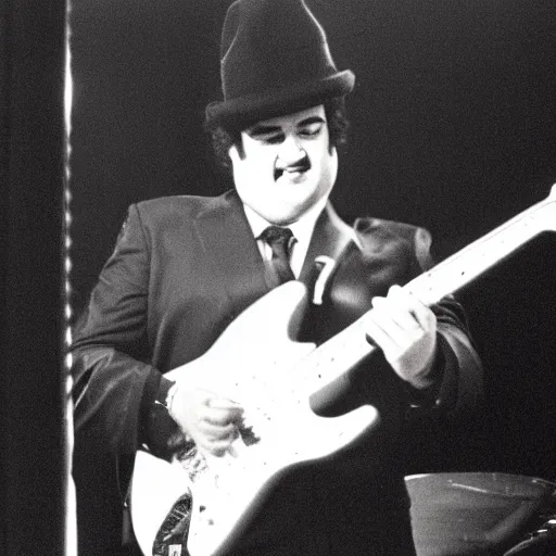Image similar to john belushi wearing a black suit and black necktie and black fedora playing electric guitar in a darkened nightclub, 3 5 mm film still from 1 9 8 1, grainy.