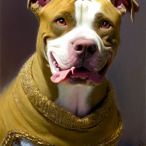 Prompt: a portrait of a female pit bull wearing a sweater and smiling at the viewer. highly detailed painting by gaston bussiere, craig mullins, j. c. leyendecker 8 k