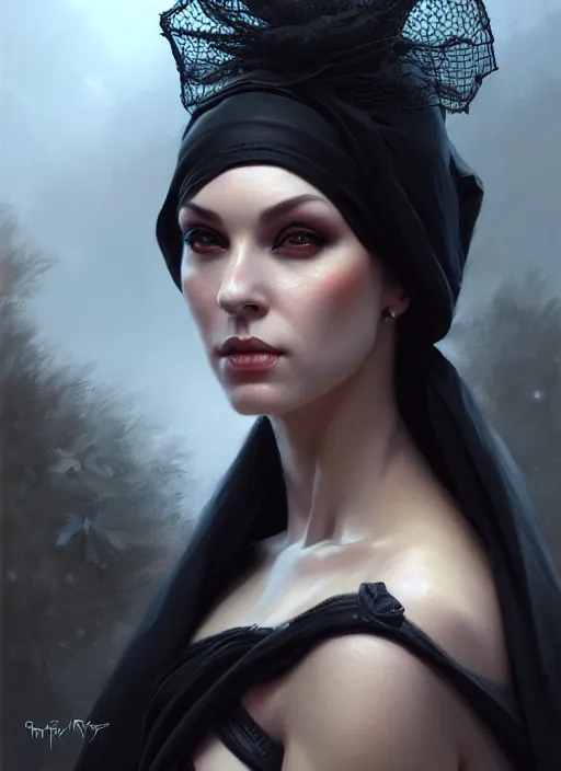 Prompt: a _ fantasy _ style _ portrait _ painting _ of widow black net bonnet, oil _ painting _ unreal _ 5 _ daz. _ rpg _ portrait _ extremely _ detailed _ artgerm _ greg _ rutkowski _ greg