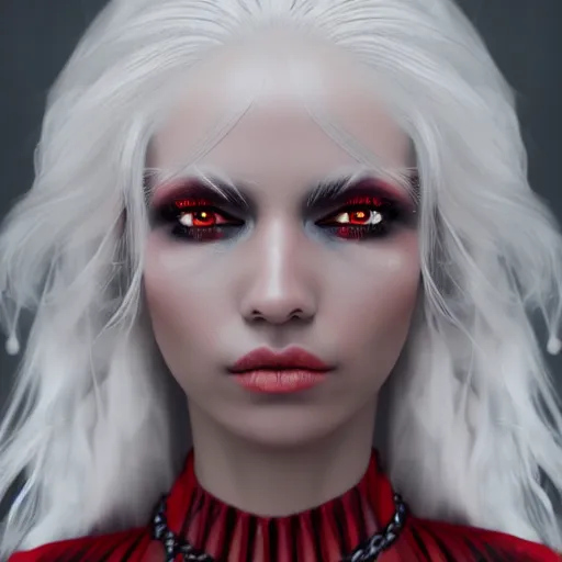 Image similar to a highly detailed portrait of a humanoid demon girl with white hair, red horns, in white clothes, artstation, deviantart, professional, unreal engine 5, photorealistic