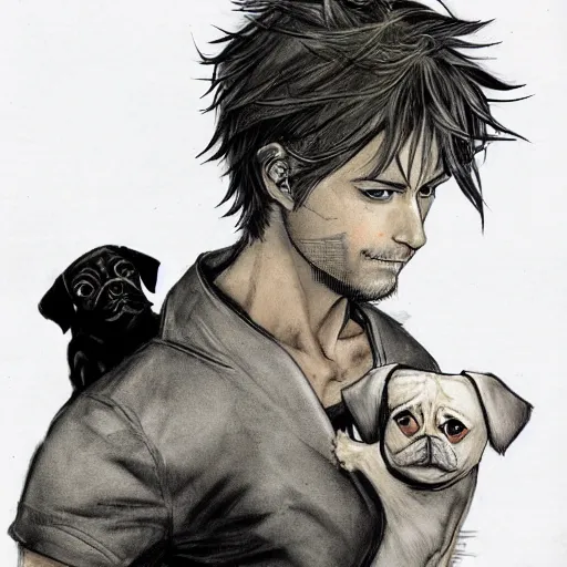 Image similar to self portrait, young white hispanic handsome man with short light brown hair and light skin and a 5 o clock shadow and holding a pug while fighting against 2 swordsmen pencil art, added detail, high definiton, colored, backfacing, illustrated by yoji shinkawa