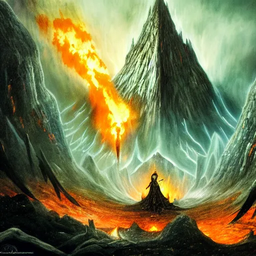 Prompt: Tolkien's The Silmarillion, morgoth attacking the valar, ultra detailed, matte painting, fire, water, earth, tree, army, epic, end of days, 8k