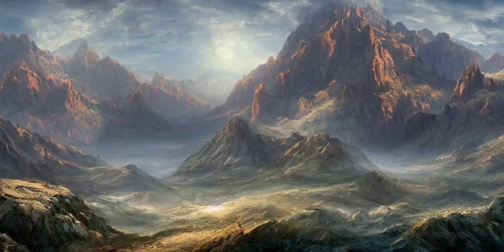 Image similar to beautiful matte painting of large mountains and canyons, fantasy