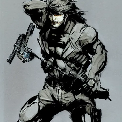 Prompt: solid snake fighting!!!!!! sam!!!!!! fisher!!!!!! by yoji shinkawa, concept art, duel