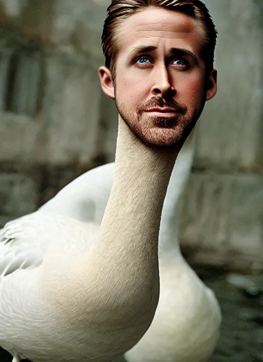 Image similar to ryan gosling fused with a goose, natural light, bloom, detailed face, magazine, press, photo, steve mccurry, david lazar, canon, nikon, focus