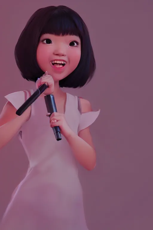 Prompt: a portrait of cute Asian girl singing, short hair, in the style of DreamWorks animation, low angle view, 16mm lens, award winning, hyper detailed, dramatic lighting, artstation, octane renderer, unreal engine