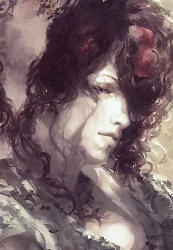 Image similar to christina hendricks!!!!! goth!!!!!, tankoban, 4 k, tone mapping, akihiko yoshida, james jean andrei riabovitchev marc simonetti, yoshitaka amano, long hair, curly, h. hydrochaeri