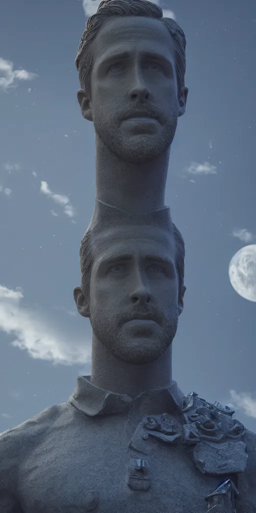 Image similar to Statue of Ryan Gosling - intergalactic leader, view from below, hyper realistic, very very very beautiful scenery, hd, hdr, ue5, ue6, unreal engine 5, cinematic 4k wallpaper, 8k, ultra detailed, high resolution, artstation, award winning