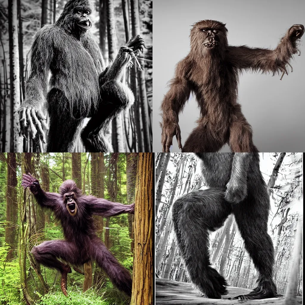 Prompt: a hybrid of Bigfoot and a spider, morphing, photography, professional,