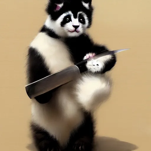 Prompt: drawning of a cute kitten with panda body and cat face, in a kimono, holds a sword, artwork by greg rutkowski, highly detailed, matte painting, digital art, 4 k