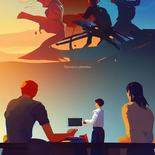 Prompt: team of sap employees in the office performing a due diligence to a startup based in italy. photoshop filter cutout vector behance hd by jesper ejsing, by rhads, makoto shinkai and lois van baarle, ilya kuvshinov, rossdraws, illustration, art by ilya kuvshinov