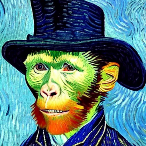 Prompt: a van gogh painting of a baby orangutan wearing a top hat, 4 k, hyper realistic, dslr, landscape, high resolution