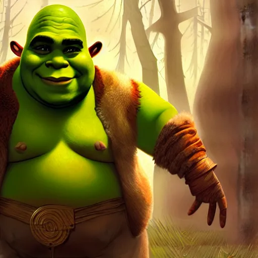 Image similar to handsome shrek is fat, highly detailed, digital painting, artstation, concept art, sharp focus, illustration, art by greg rutkowski and alphonse mucha