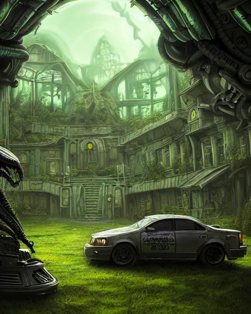 Image similar to xenomorph taxi car in a fantasy village, calming, uplifting mood, ultra realistic, farm, small buildings, highly detailed, atmosphere, masterpiece, epic lighting, elves, green plants, magic, illuminated, 4 k, cinematic, morning sun, art by eddie mendoza and sylvain sarrailh and jonathan berube