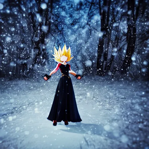 Prompt: portrait focus of super saiyan beautiful 3 d anime girl posing, frozen ice dark forest background, snowing, bokeh, inspired by masami kurumada